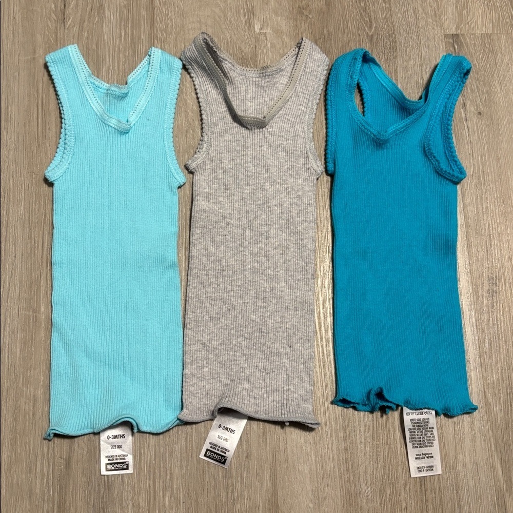Bonds Set of Three Baby Tank Tops in‎ Blue, Gray, and Teal